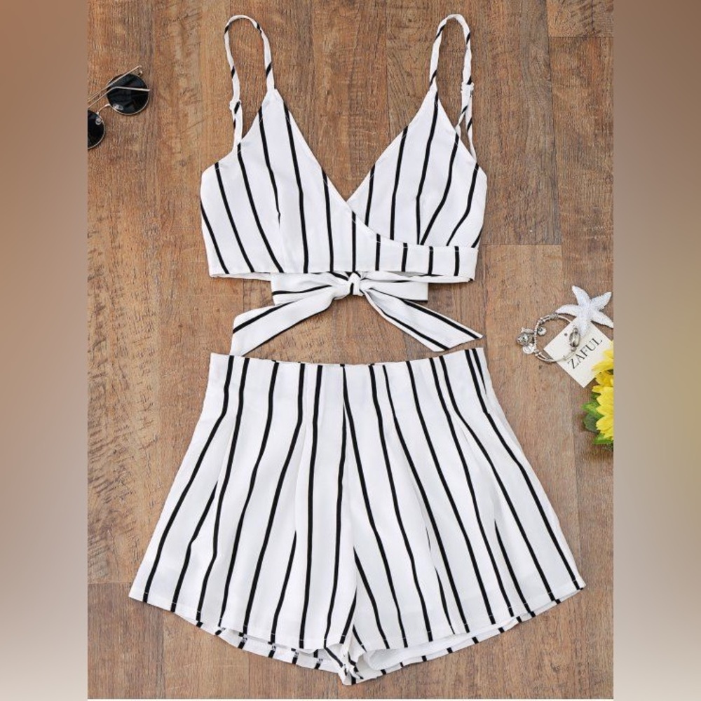 Black and white striped tie two piece set shorts and spaghetti strap flowy